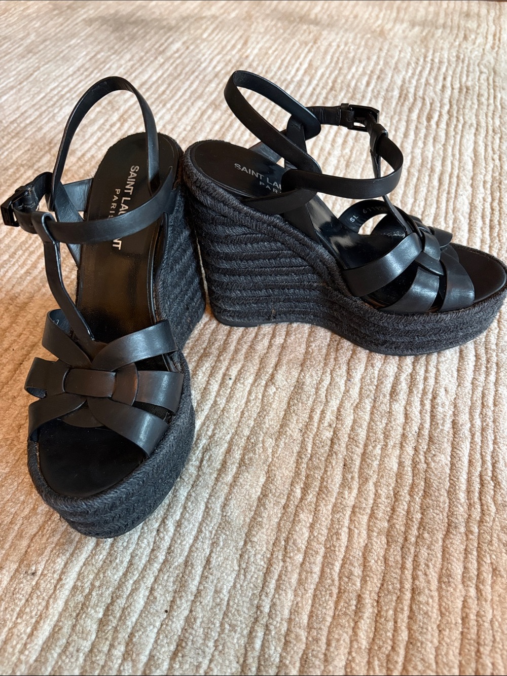 Saint Laurent Tribute Black Leather Wedge Espadrille Sandals 6.5